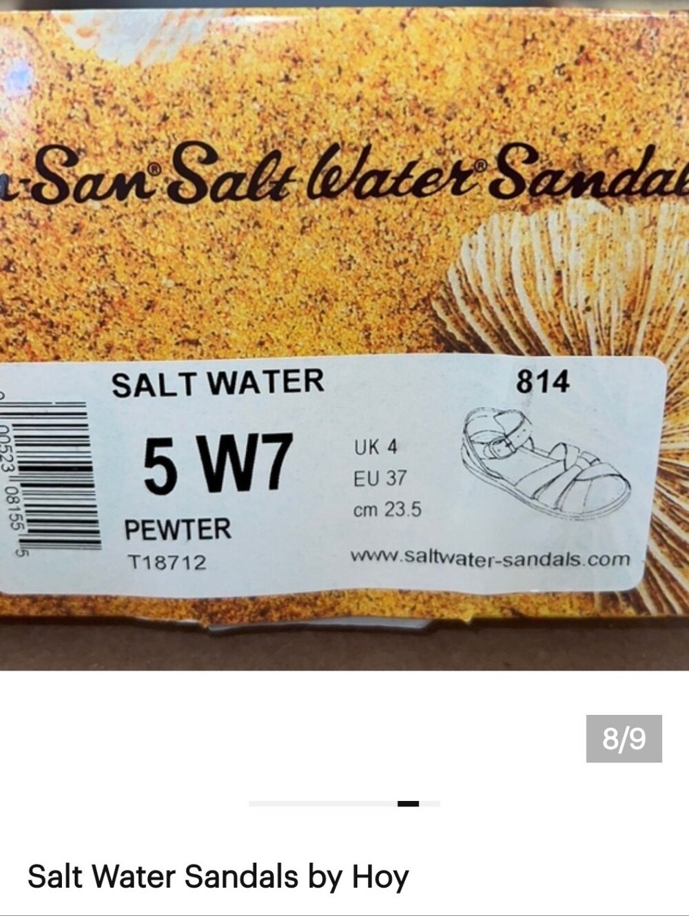 AUTH NIB Salt Water the Original Sandal PEWTER Size 5, W7, Stamped Size 5.